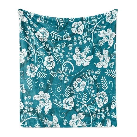 Flowers Soft Flannel Fleece Throw Blanket, Floral Romantic Modern Design Beams Blossoms Leaves Plants Image, Cozy Plush for Indoor and Outdoor Use, 60" x 80", Petrol Blue Teal White, by Ambesonne