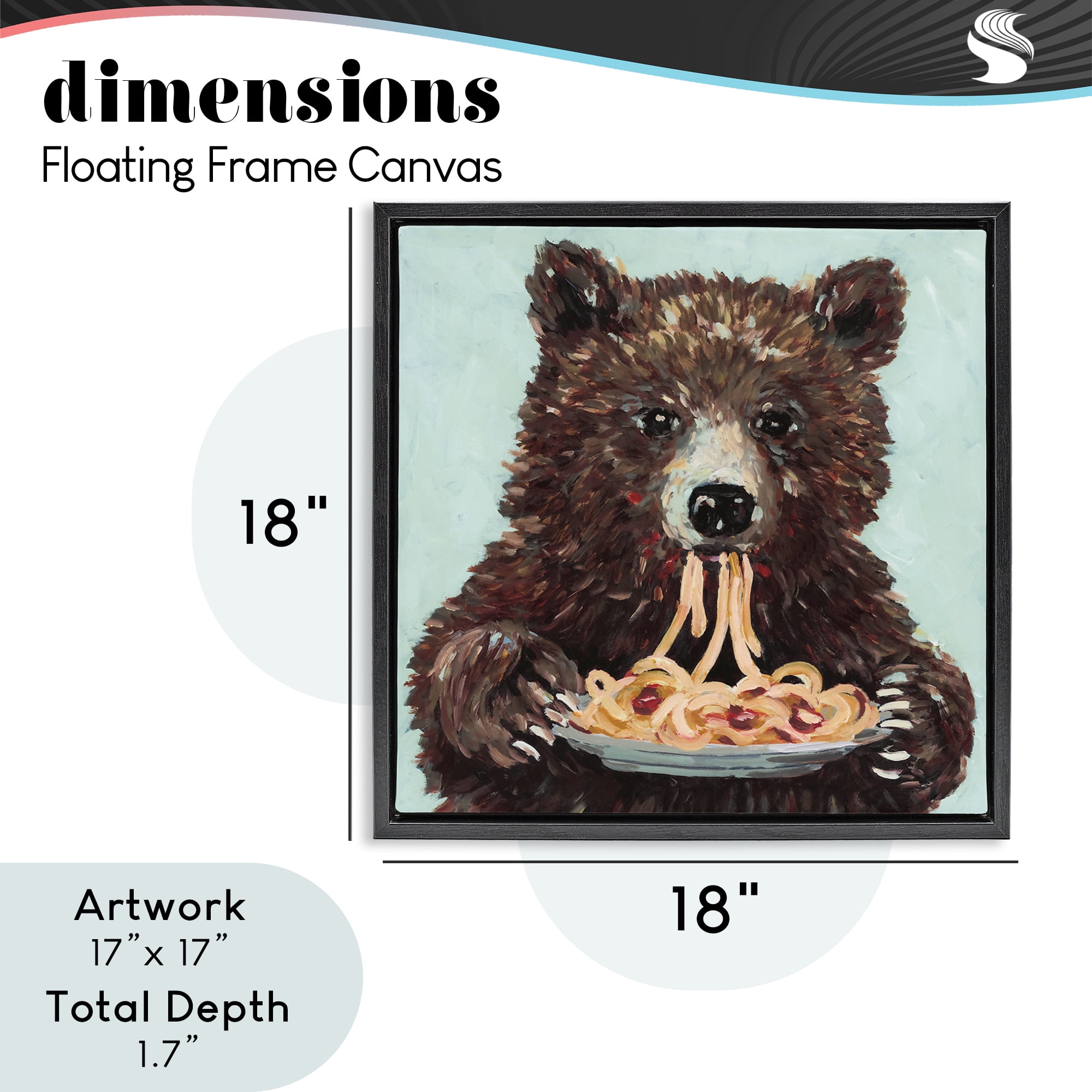 Whimsical Bear & Spaghetti Black Framed Floater Canvas Wall Art, design by Studio Bautista
