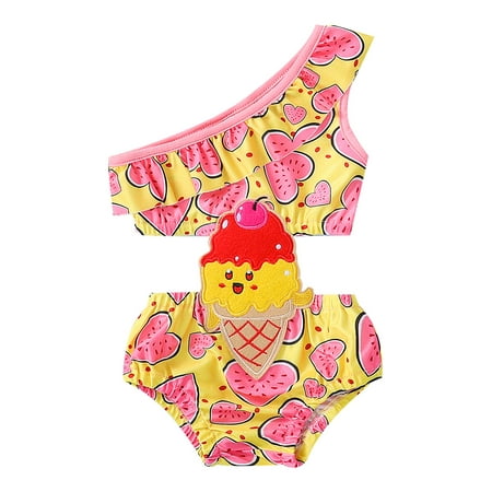 

Woshilaocai Kids Girls Casual Swimwear Romper One Shoulder Cartoon Printed Sleeveless Patchwork Bodysuit Beachwear