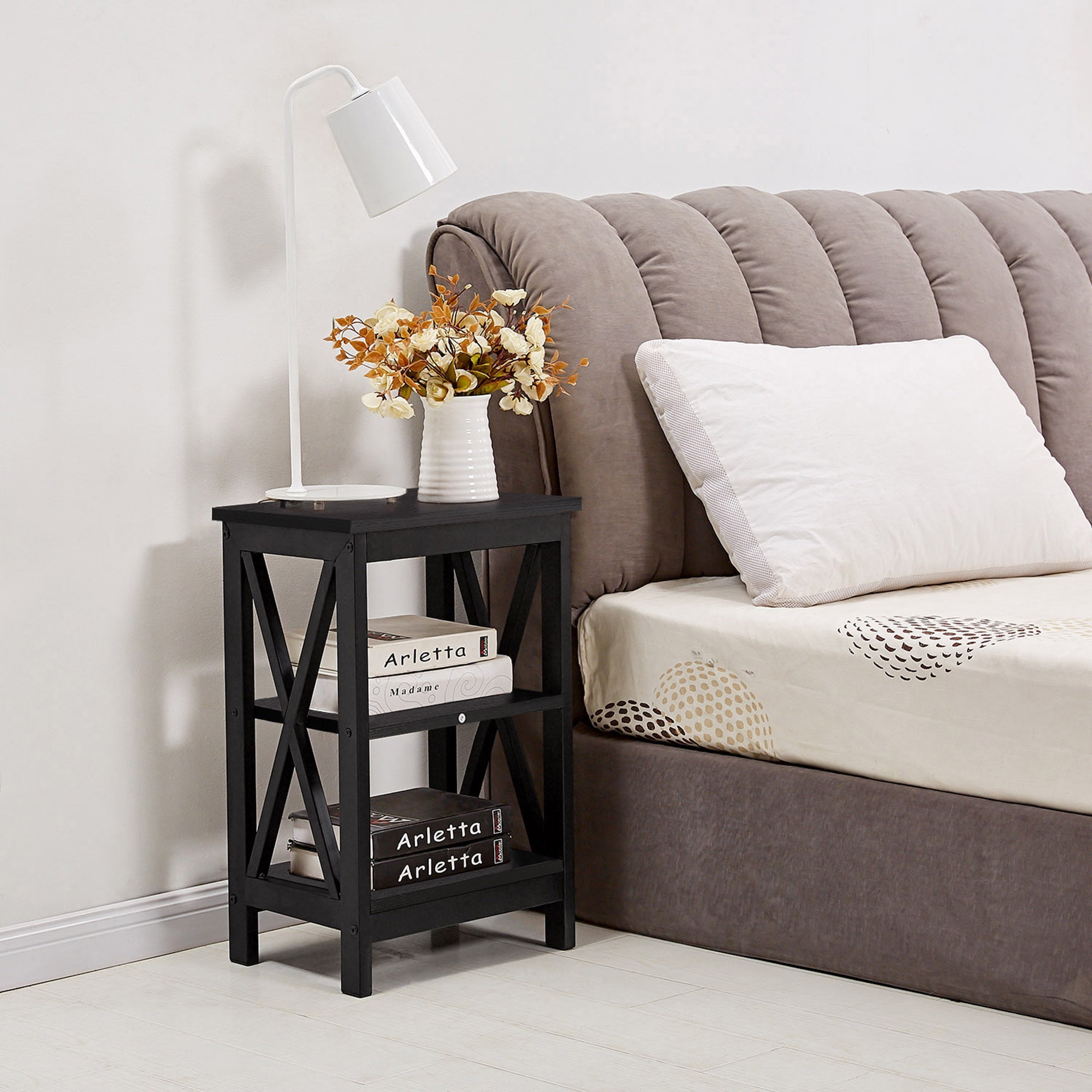 3Tier Open Shelf Nightstand Bedside end Table, Black