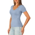 thumbnail image 4 of Women Short Sleeve T-Shirt Summer Casual V Neck Shirts Ribbed Knit Slim Fit Top, Light Blue M, 4 of 4