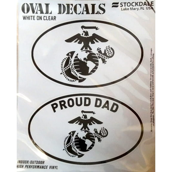 U.S. Marines, Proud Dad, 2-Piece White and Clear Euro Decal Sticker Set, 4x2.5 Inch Each, United States Military