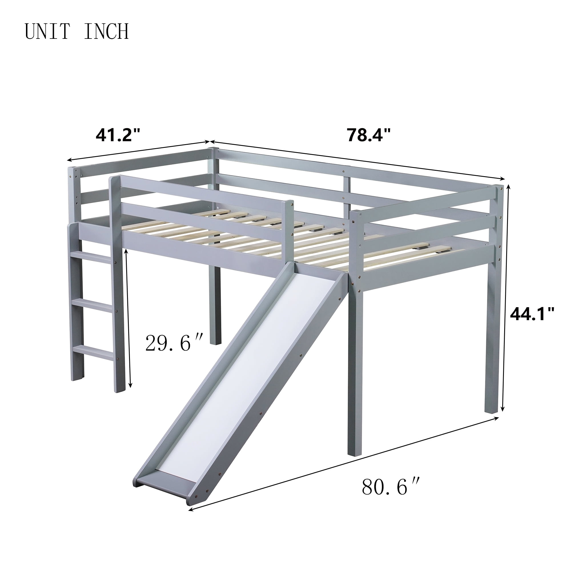 Miniyam Twin Size Kids Loft Bed with Slide, Guardrails, Pale Gray