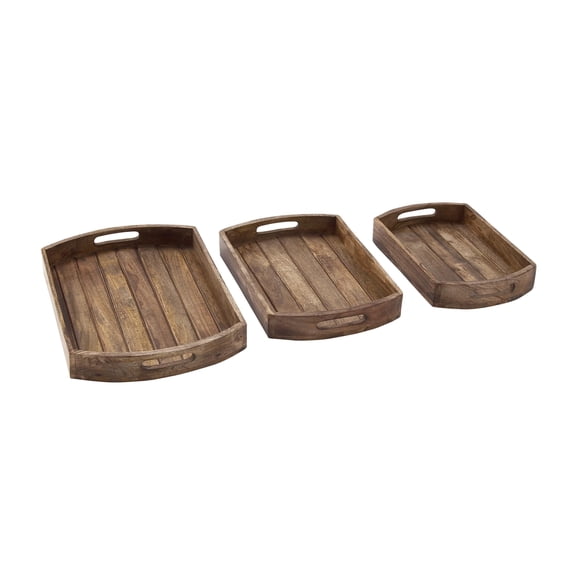 DecMode 14", 16", 19"W Light Brown Mango Wood Tray with Slot Handles, 3-Pieces