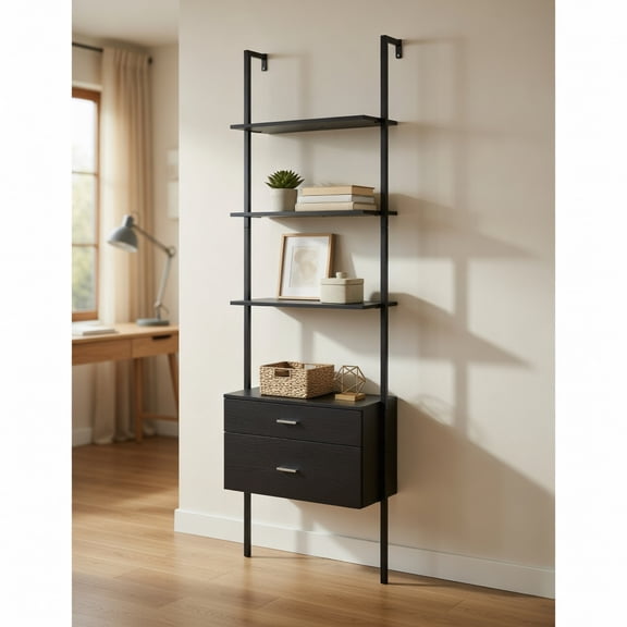 Resenkos 6-Tier Ladder Bookcase with 2 Drawers - Metal Frame, Black