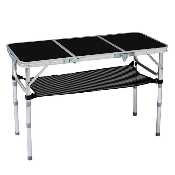 HiiKaa Folding Camping Table with Storage Net,3ft Camping Table Aluminum Folding Table with 3 Adjustable Height Max 23.63 Inch Picnic Table Portable Table for Outdoor Backyard BBQ,Pure Black