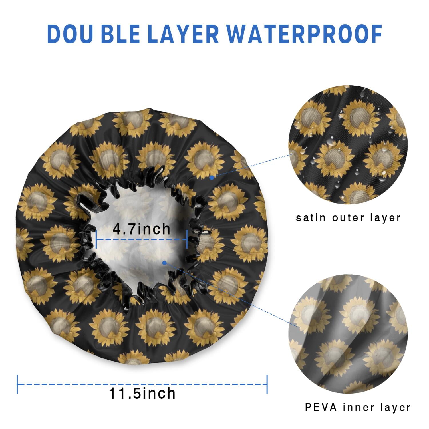 Shower Caps,Black Yellow Sunflower Pattern Waterproof Shower Cap for Women 4 Pieces,Double Reusable Hair Cover for Shower PEVA Elastic Stretch Hem