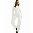 thumbnail image 3 of Women'S Round Neck Flare Sleeve Top and Straight Leg Pants Two Piece Set Casual Loungewear Sporty White S, 3 of 9