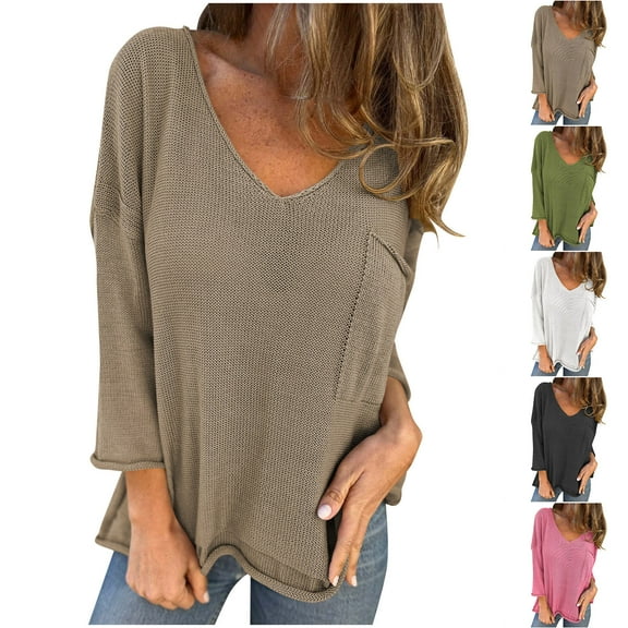 Antinious Womens Plus Size V Neck Solid Long Sleeve Pocketed Knit Pullover Tops,Fall Winter Savings!Sweatshirt for Women,Going Out Tops for Women,Black,XL