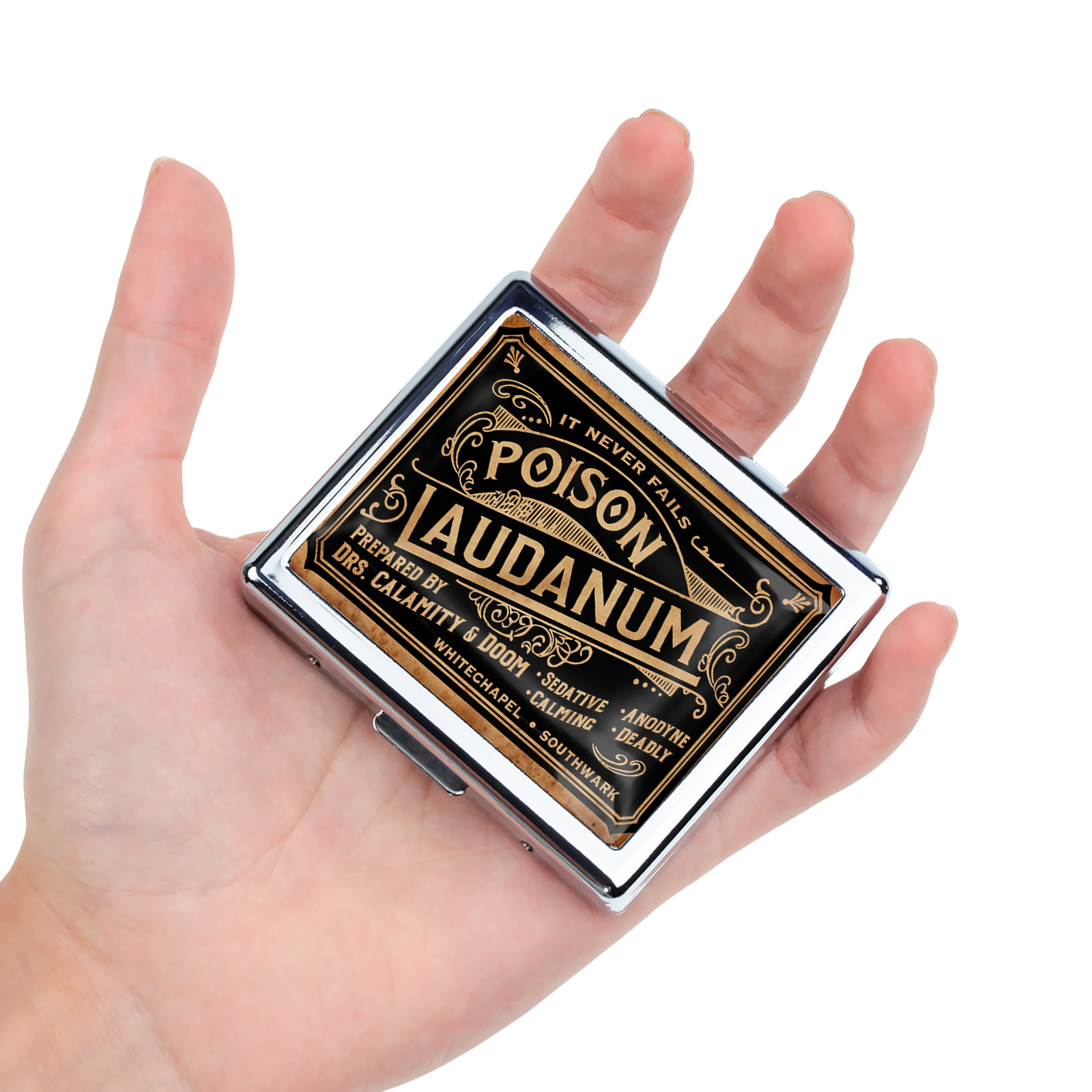 Laudanum 7 Days Chromed Shiny Silver Pill Organizer with Mirror Inside Has 8 Separate Compartments Rectangle Cute Travel Pill Organizer for Purse 7 Days Pill Box Pill Case