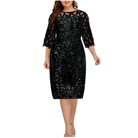 

QIPOPIQ Dresses for Women Deals Women Casual Print Gauze Splicing Sequins Loose Three Quarter Sleeves Sleeve Round Neck Dress
