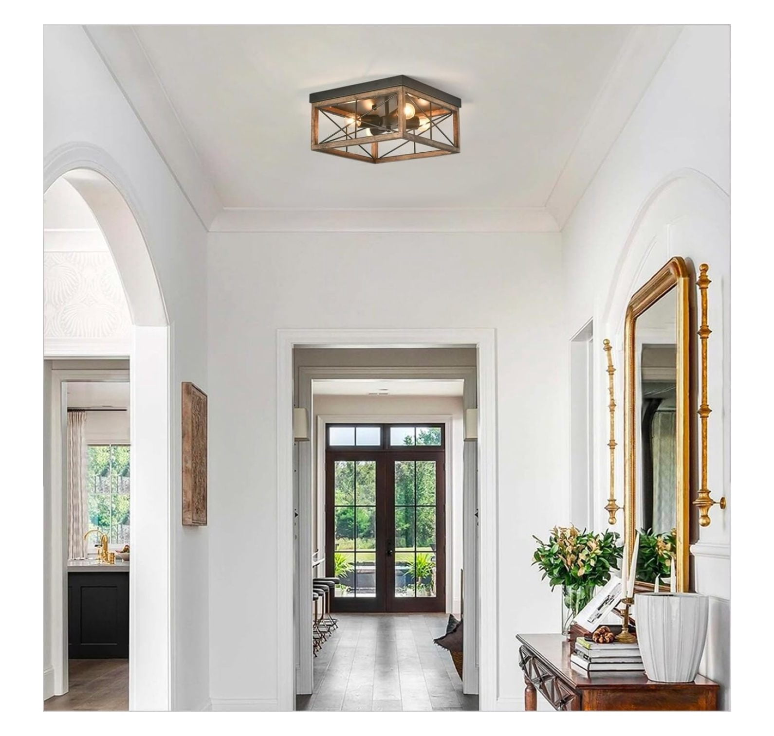 4-Light Rustic Wood Flush Mount Ceiling Light Metal Square Cage Farmhouse Lighting Close to Ceiling Light Fixture Black for Dining Room Bedroom Living Room Kitchen Hallway Entryway Foyer