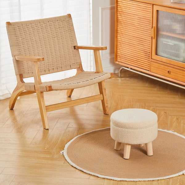 Storage Ottoman, Modern Round Footrest with Soft Padded Seat, Teddy Velvet Footstool with Wood Legs, Accent Small Table or Plant Stand for Hallway, Living Room (Off-White)