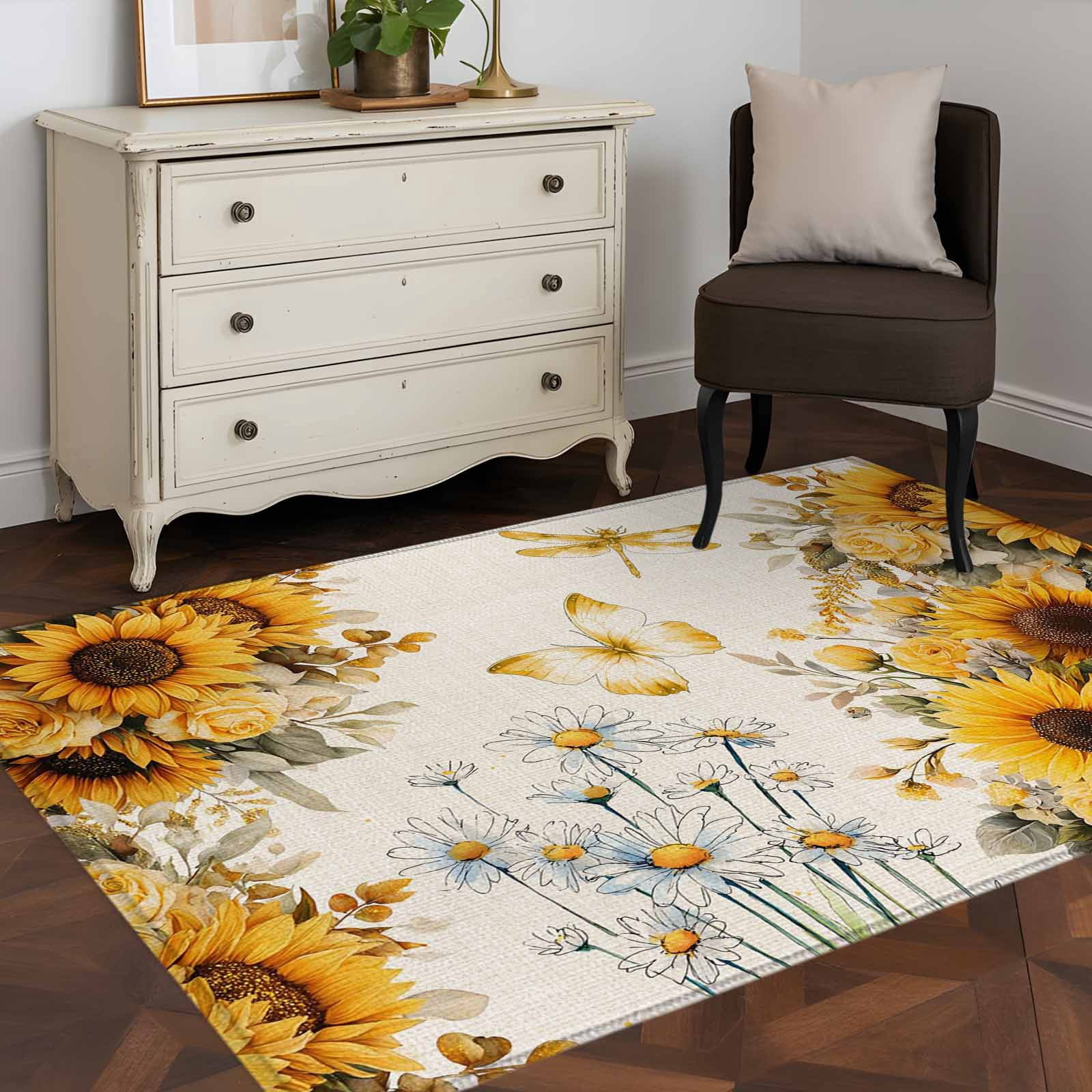 3'x5' Rug for Living Room Bedroom, Farmhouse Sunflower Washable Area Rugs Non-Slip Carpet Mats, Vintage Daisy Butterflies Rustic Burlap Indoor Low Pile Area Rug Runner for Kitchen, Mudroom