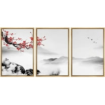 wall26 Framed Canvas Print Wall Art Set Red Cherry Blossoms Over Misty Mountain Range Nature Wilderness Illustrations Modern Art Relax/Calm for Living Room, Bedroom, Office - 16"x24"x3 Natu