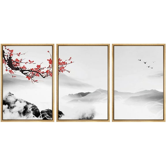 wall26 Framed Canvas Print Wall Art Set Red Cherry Blossoms Over Misty Mountain Range Nature Wilderness Illustrations Modern Art Relax/Calm for Living Room, Bedroom, Office - 16"x24"x3 Natu