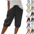 thumbnail image 3 of Pantalones casuales elásticos de bolsillo sencillos de moda de algodón y lino para mujer, pantalones de mujer, pantalones de cinco cuartos, 3 of 6