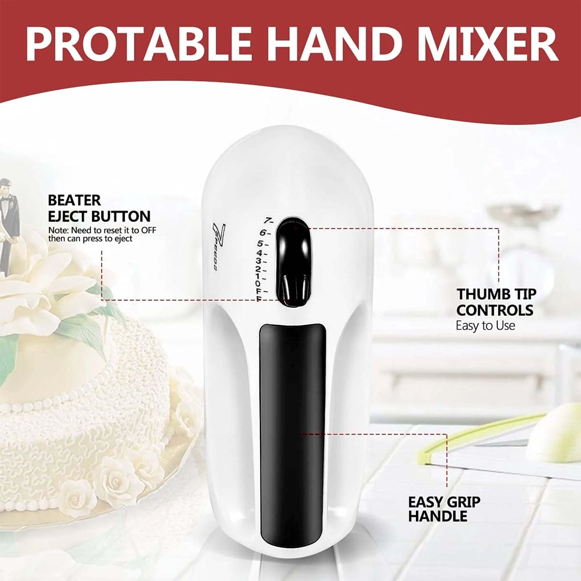 Electric Hand Mixer, 7-Speeds Lightweight Hand-Hand blender mixer, Portable Powerful Kitchen Mixer Stainless Steel Egg Whisk with Egg White Separator, Egg Sticks & Dough Sticks for Baking & Cakes