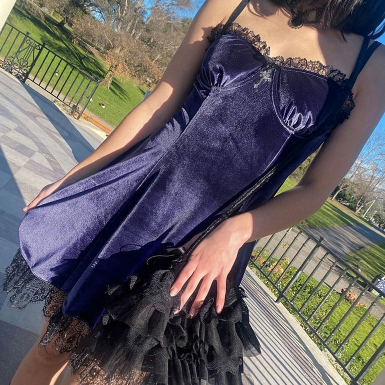 Women Gothic Punk Sexy Velvet Ruffles Lace Trim Cross Sleeveless Slim Mini  Dress - Walmart.com