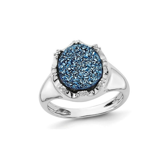 Gem & Harmony Blue Druzy Quartz Ring with Accent Diamonds in Sterling Silver for Women