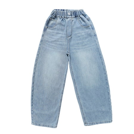 HAYIMI Girls Beaded Button Wide Leg Pants Large Sized Style Jeans Floor Length Pants Children Soft Solid Color Trousers
