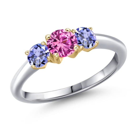 Gem Stone King 925 Silver and 10K Yellow Gold Pink Created Sapphire and Blue Tanzanite Engagement Ring for Women | 1.15 Cttw | Round 5MM | Gemstone September Birthstone | Size 7