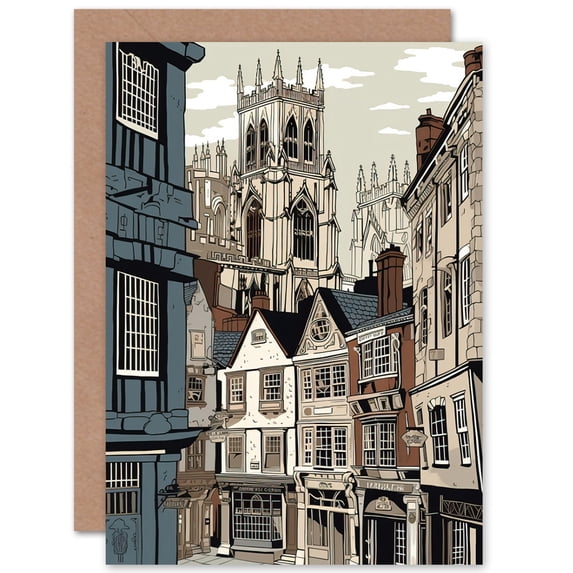 Shambles Street Cityscape with York Minster Towers Travel Birthday Greeting Card Plus Envelope Blank inside