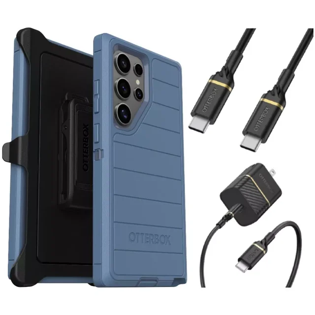 OtterBox Galaxy S24 Ultra (Only) Bundle: Defender Series Pro Case - Baby Blue Jeans (Blue) - Rugged & Durable - with Port Protection - Holster Clip Included - USB-C to USB-C Wall Charging Kit, 20W.