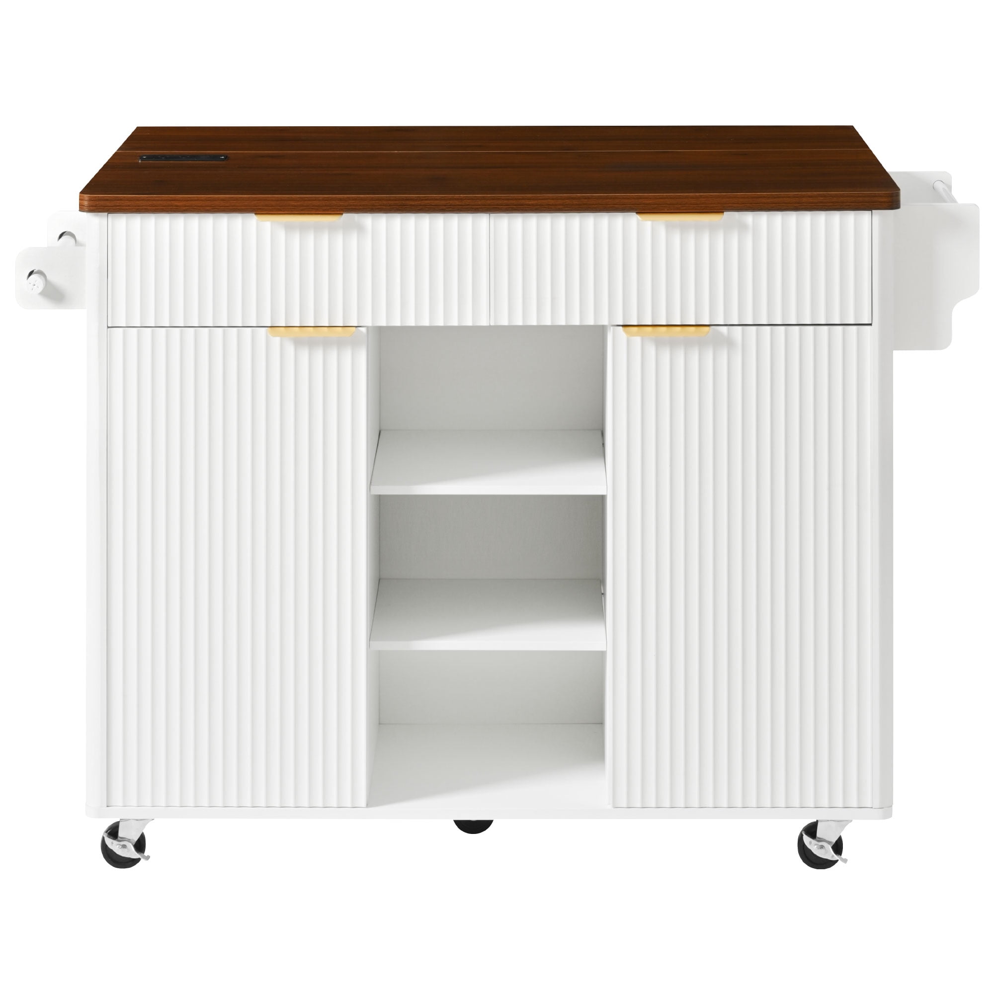 Euroco 52" Fluted Kitchen Island with Drop Leaf, Power Outlet, Kitchen Storage Cart with Adjustable Shelves, 2 Doors and 2 Drawers, Rolling Island Table with Walnut Color Top