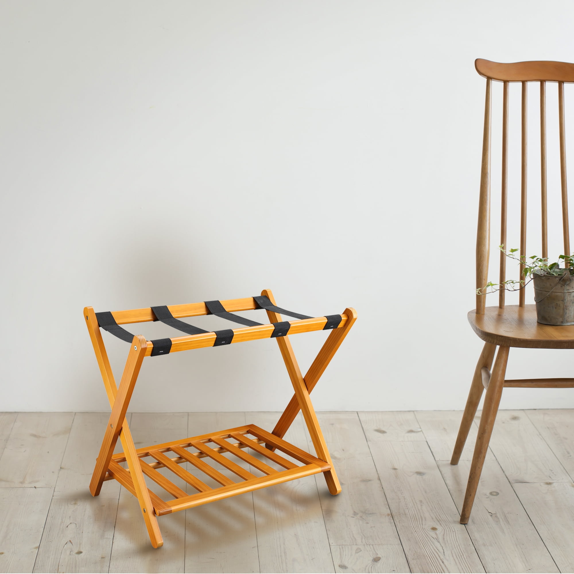 Solid Wood Folding Luggage Rack with Heavy-duty Straps and Shelf - New Honey Oak