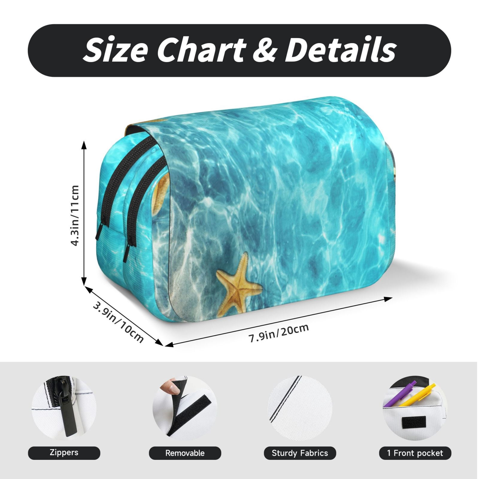 Rateoe Coral And Seashell On The Beach Pattern Double Clamshell Pen Case, Storage Organizer with Two Zipper Compartments– Holds Up to 50 Pencils & Pens