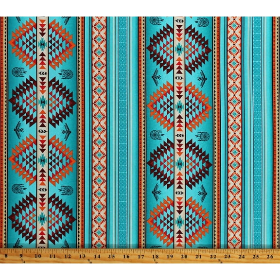 Cotton Southwestern Stripes Tribal Designs Dreamcatchers Feathers Tucson Turquoise Cotton Fabric Print by the Yard (536TURQUOISE)