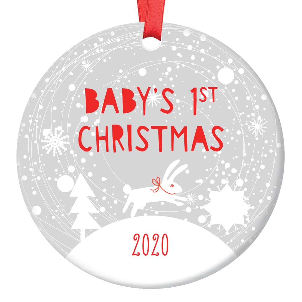 Bunny Baby's 1st Christmas Ornament 2020, Winter Rabbit Baby's First Christmas, Baby Boy 3" Flat Circle Porcelain Christmas Ornament with Glossy Glaze, Red Ribbon & Free Gift Box | OR00002 Richard - image 1 of 2