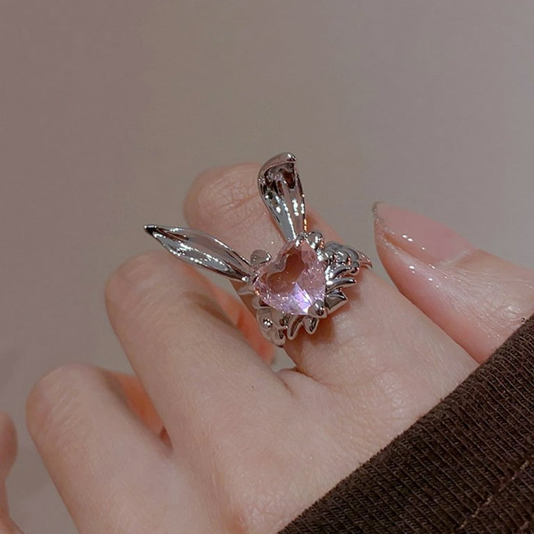 YUNx Finger Ring Adjustable Exquisite Rhinestones Pink Heart