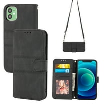 Feishell iPhone 12 Case with Credit Cards Holder, Wallet Magnetic Crossbody Shoulder Strap Flip Stand Purse Premium PU Leather Cover For iPhone 12 - 6.1", Black