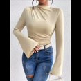 thumbnail image 4 of Camiseta Básica con Cuello Alto Fruncido y Mangas Largas con Volantes para Mujer Albaricoque L, 4 of 9