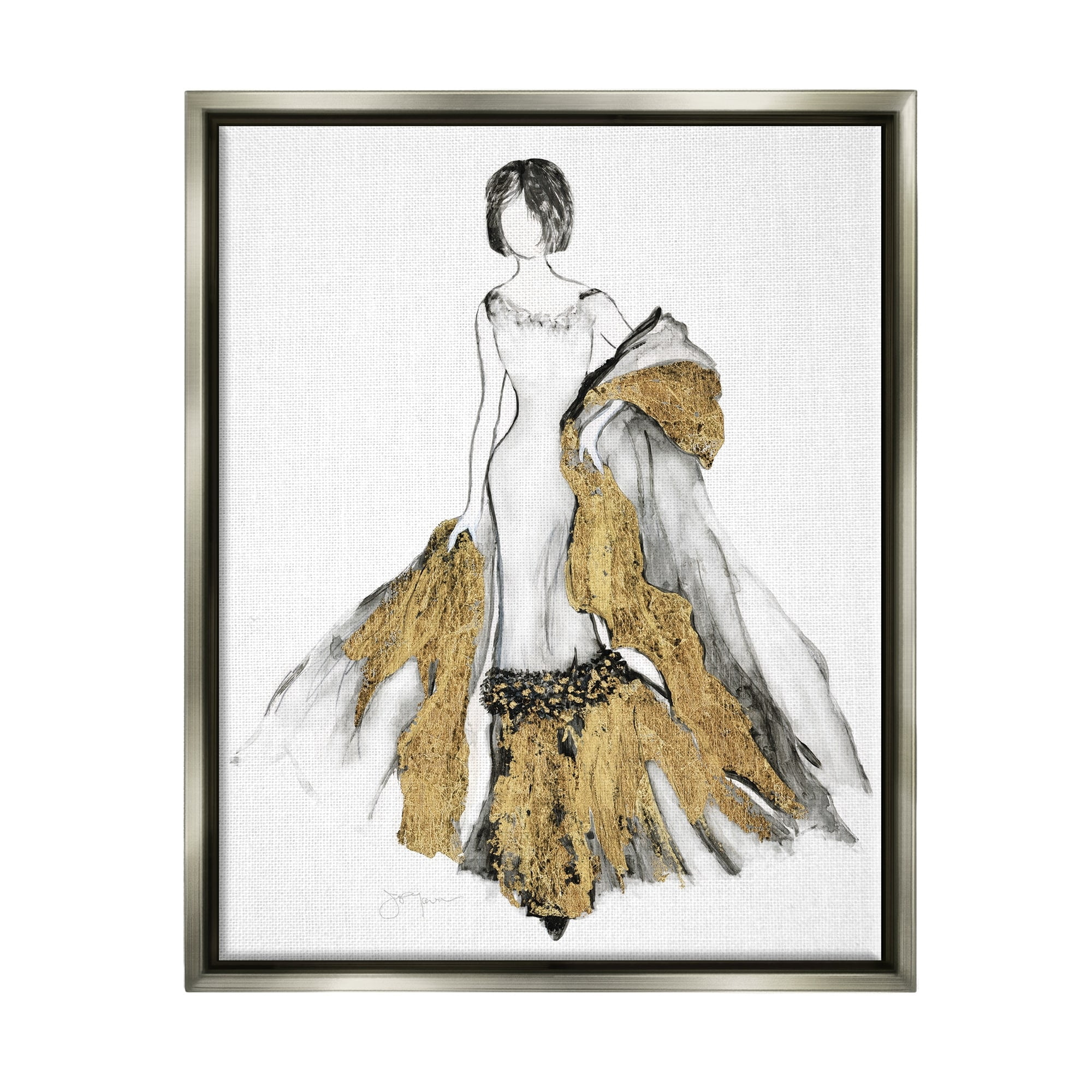 Stupell Industries Fashion Figure Drawing Female Glam Evening Gown Gold Luster Gray Framed Floating Canvas Wall Art, 24x30, by Janet Tava