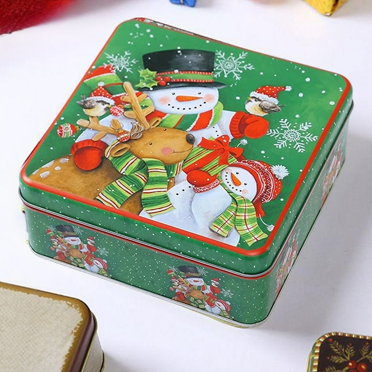 diante Holiday Christmas Box まとめ売りのみ Snowman Deer Pattern Metal Square Festive Christmas Cookie Tin