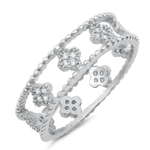 Clear Cubic Zirconia All Around Beaded Clover Ring Sterling Silver Size 7