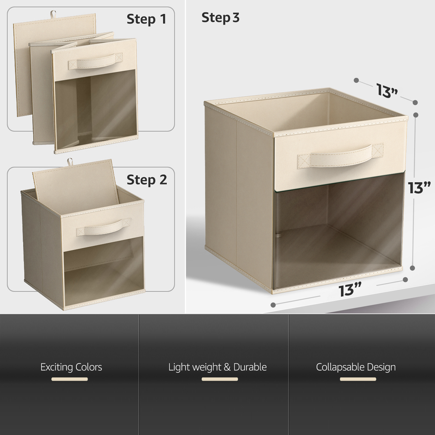 Sorbus 13” Foldable Storage Bins with Clear Window – Set of 6 Collapsible Fabric Baskets with Handles for Clothes, Toys, Books – Sturdy Organizer Cubes for Shelves & Closets, Beige