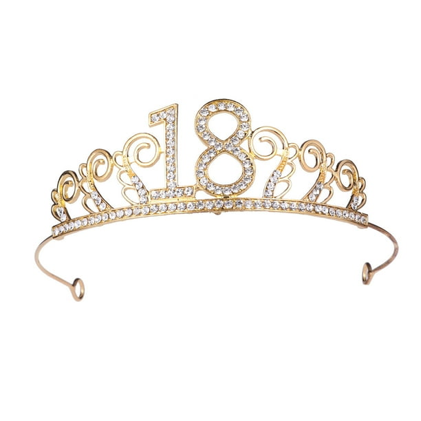 18 ° Aleación y número de diamantes de imitación Corona de cumpleaños Peine Corona Tocado de tiara de diamantes de imitación de moda Elegante Accesorio para el cabello para adultos (Dorado)