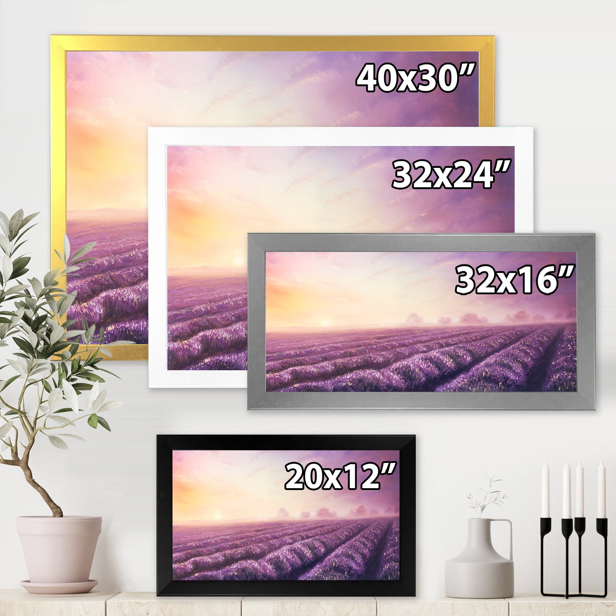 Lavender Fields During Sunrise 40 in x 30 in Framed Painting Canvas Art Print, by Designart