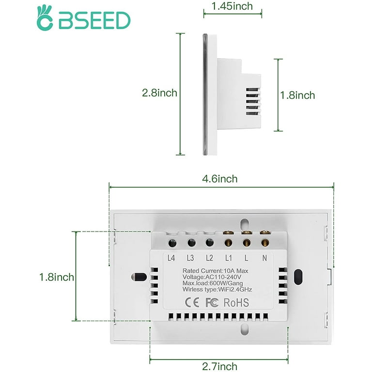 BSEED Smart Light Switch, 2.4GHz WiFi Smart Switch, Tempered Glass