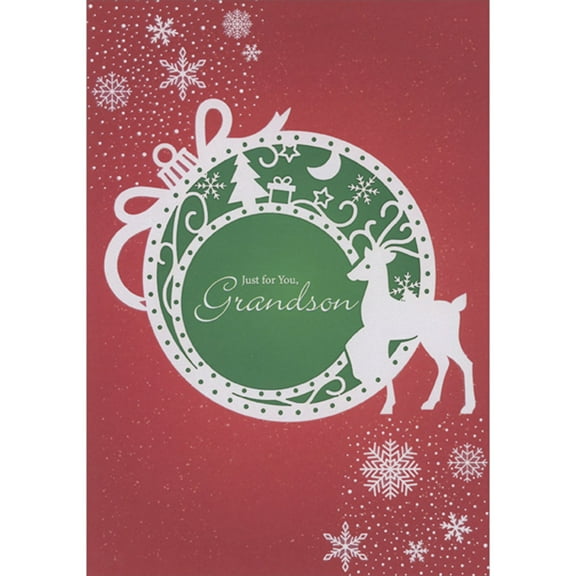 Designer Greetings White Laser Cut Reindeer and Ornament with Christmas Icons on Red Background Christmas Card for Grandson