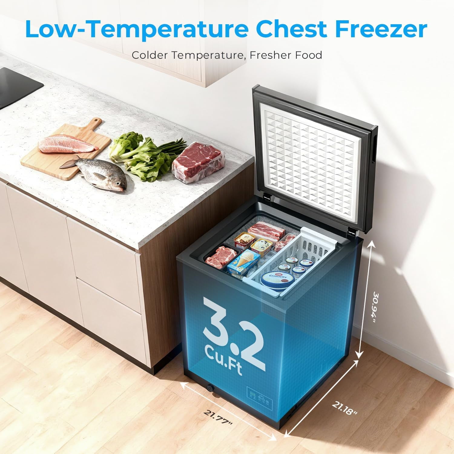 WAA 3.2 Cu.Ft Deep Freezer 14℉ to 40℉ Low Temp,Removable Basket,Freestanding for Home (Black)