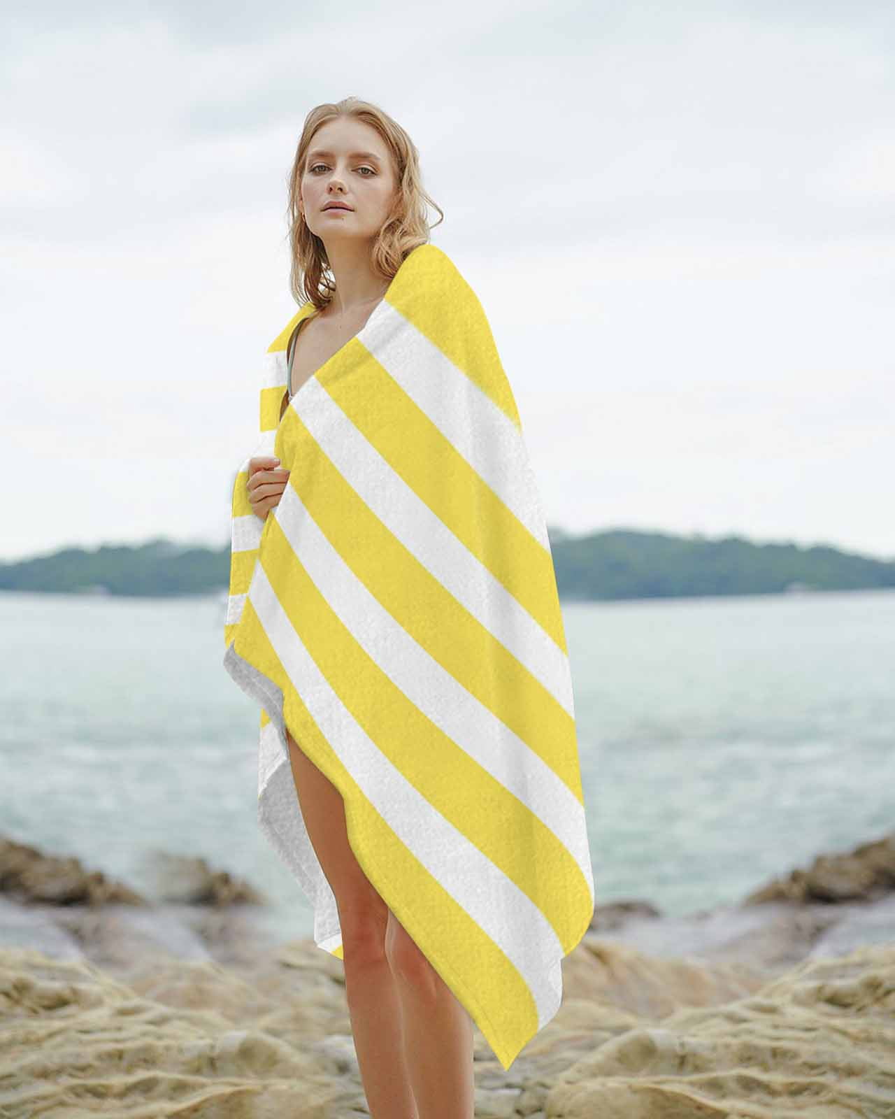 Yellow Striped Beach Towels Oversized Super Absorbent, Modern Simple Monochrome Geometric White Lightweight Bath Towel Quick Dry Sets For Bathroom/Pool/Rv Camping/Beach Play/Gym Room/Picnic 31"x62"