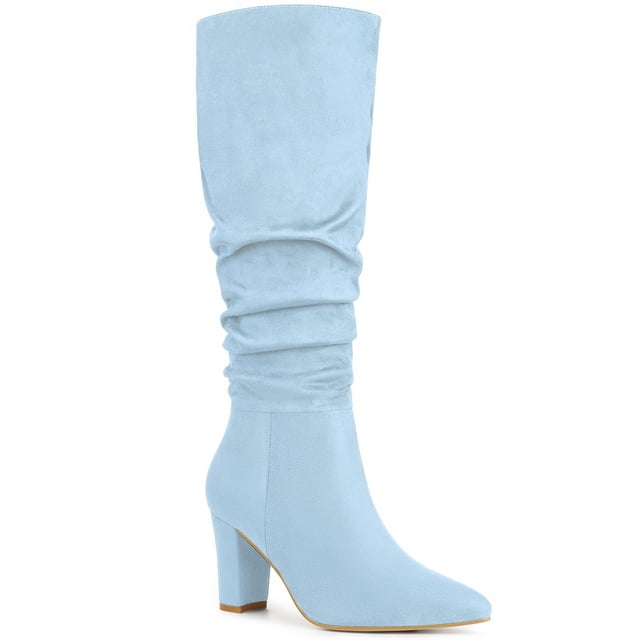 BLISSFUL STEP Women's Boots Pointed Toe Block Heel Knee High Boots Sky Blue 5.5