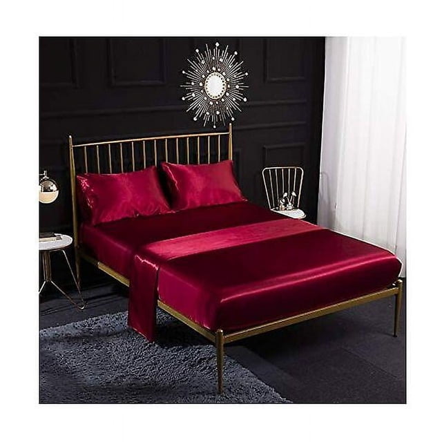 4 Piece Silk Sateen Bedding Set with Fitted Sheet, Flat Sheet, Pillowcase, Breathable, Soft and Comfortable Red (King)