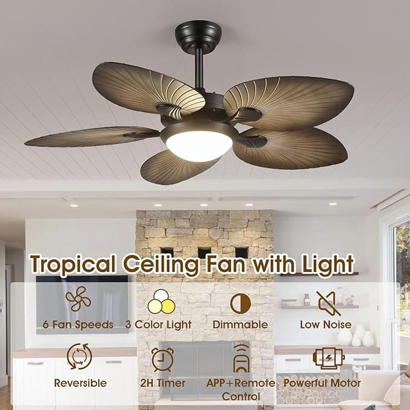 BayDay 44 Inch Tropical Palm Leaf Ceiling Fan with LED Lights, Remote/APP Control, Dimmable, Reversible Quiet Motor, Outdoor Ceiling Fan for Patio, Porch, Living Room, Bedroom, Wood Grain Finish