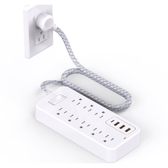 BOHASHIN Power Strip - 5 FT Long Flat Plug Extension Cord, 8 Outlets 3 USB Ports Outlet Extender with Overload Protection, Wall Mount, Desktop Charging Station for Home, Office and Dorm Essential